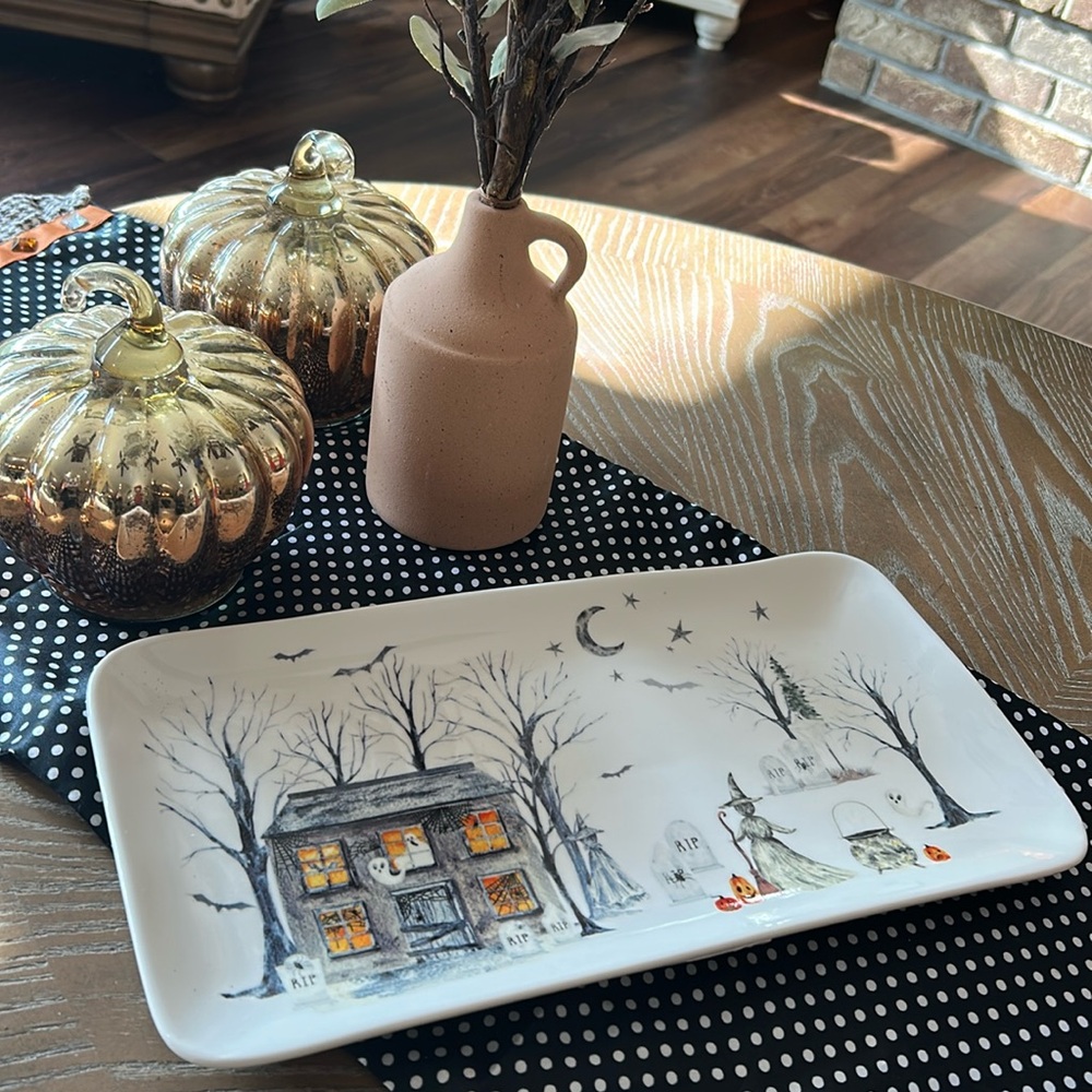 NEW! Halloween Gothic Witch & Ghost Haunted House Ceramic Serving Dish Tray